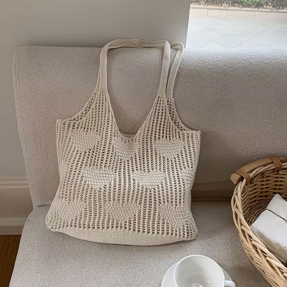 Crochet Market Bag - Women's Handwoven Straw Handbag - Large