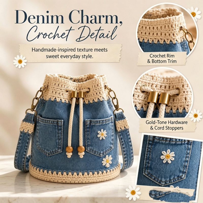 Denim Crochet Bucket Bag Handm - Crochet Market Bag ulasan dan harga