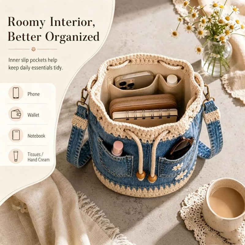 Denim Crochet Bucket Bag Handm - Crochet Market Bag ulasan dan harga