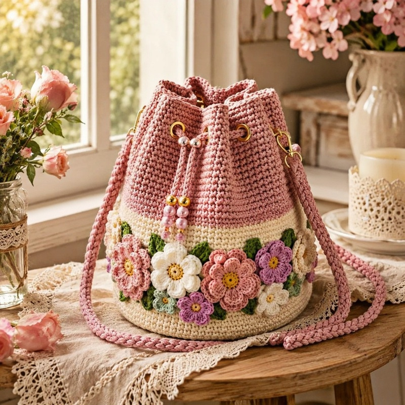 Handmade Crochet Bucket Bag Fl - Crochet Market Bag ulasan dan harga